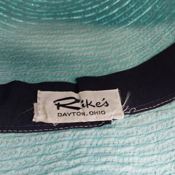 Rike's Light Blue Teal Woven Paper Straw Summer Hat with Black Ribbon Bow Accent - Picture 7 of 10